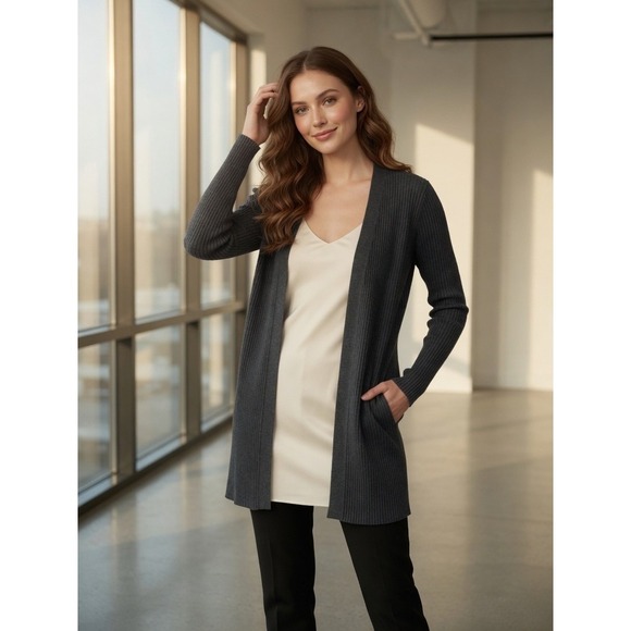 Eileen Fisher Sweaters - Eileen Fisher Petite Ribbed Cardigan Sweater Gray Open Front PP/PTP